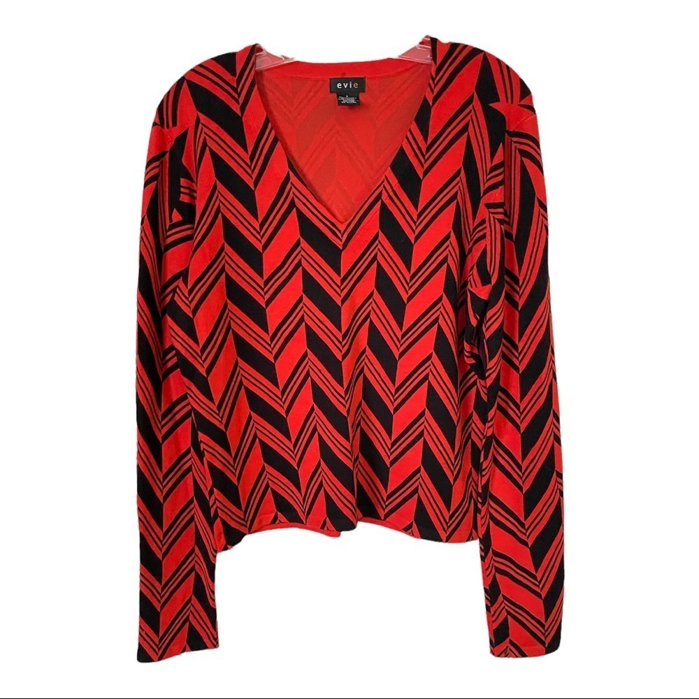 Evie Red Black Chevron Shirt Stretch V-Neck Long Sleeve Nylon Blend Knit Top L